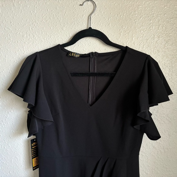 IHOT Women's V Neck Ruffle Sleeve Bodycon Sheath Wrap Ruched Dress size M Black - Picture 4 of 13